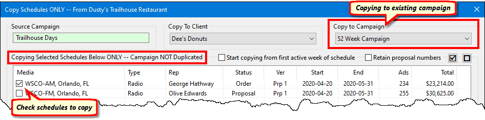 Selectively copy schedules to a different client and campaign