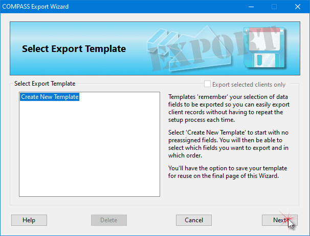 Export Wizard Step 1 -- Selecting a Template
