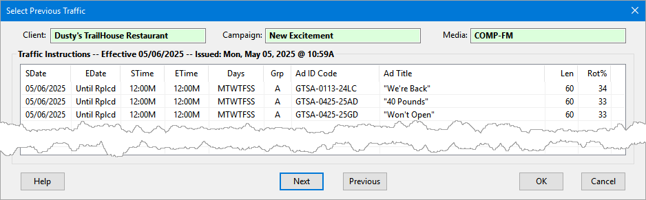 Selecting Previous Traffic Selecting Previous Traffic