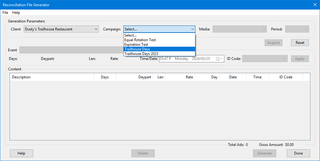 Reconcile File Generator Window